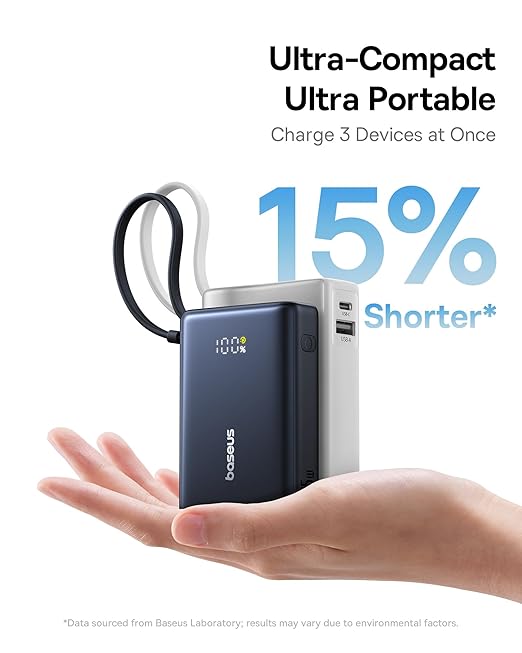 Baseus Power Bank, Picogo 10000mAh 45W 3-Output Portable Charger with Built-in USB-C Cable, PPS/PD QC Fast Charging External Battery Pack for iPhone 17/16/15/14/13, Samsung S25/S24, MacBook Pro, iPad