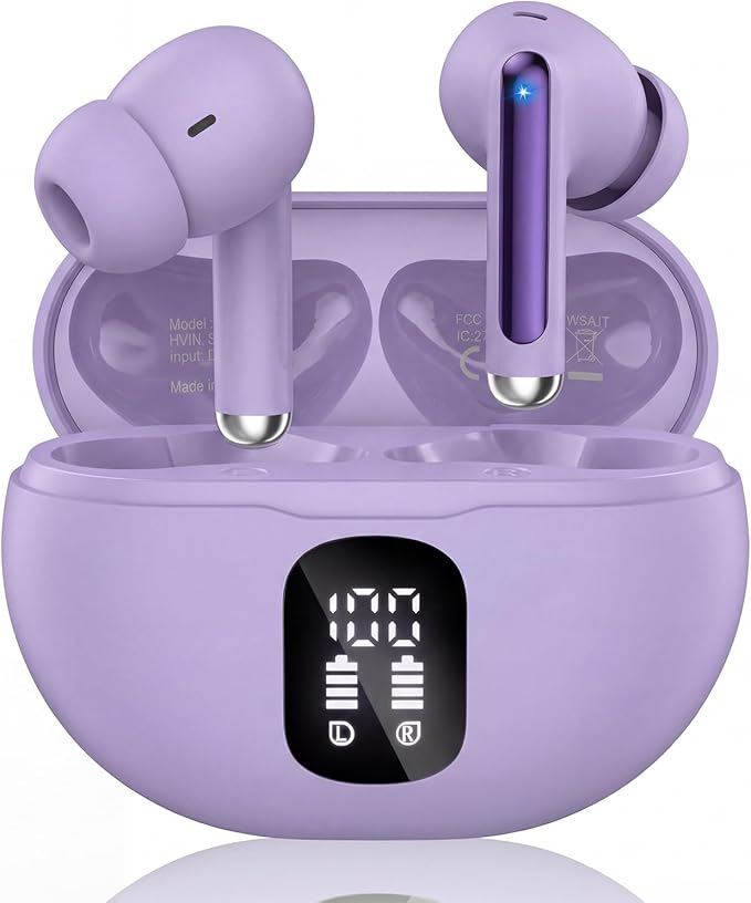 Wireless Earbuds, Bluetooth 5.4 Headphones with 50H Playback, Deep Bass Stereo Ear Buds Clear Calls with LED Power Display, IPX7 Waterproof, in-Ear Earphones with Mic for Phone/Android/iPad, Purple