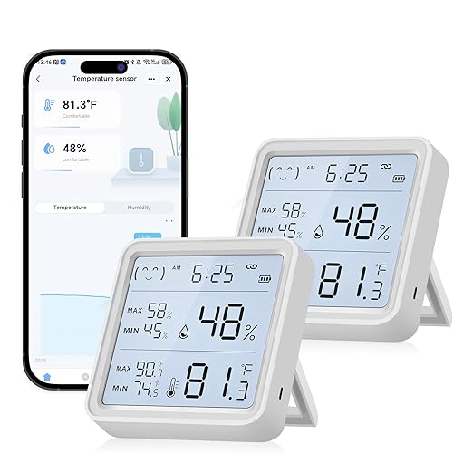 eMylo WiFi Thermometer Hygrometer 2 Pack, Wireless Indoor Humidity Monitor for Room, Smart Digital Temperature Sensor with App Alert, Large LCD Display with Backlight, Free Data Storage Export