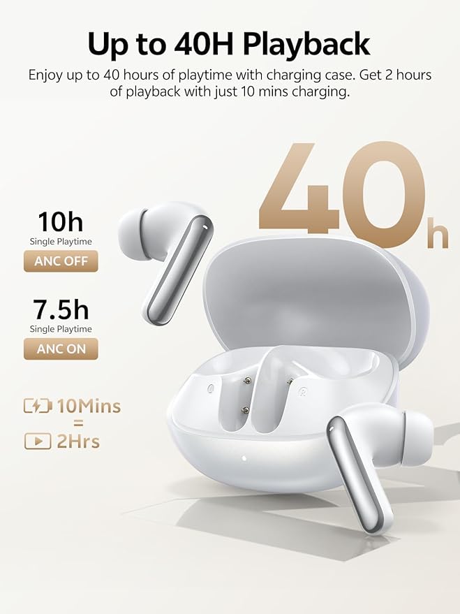 QCY MeloBuds N20 Active Noise Cancelling Wireless Earbuds, 50dB ANC Headphones with 6 Mics ENC Clear Call, 13mm Dynamic Driver, 40H Battery Life, Bluetooth 6.0 (White)