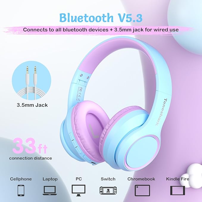 TONOSHARK Kids Bluetooth Headphones with Active Noise Cancelling, Wireless Over-Ear Headphones for Boys Girls, Foldable, Adjustable, 40H Playtime, Mic for School Travel (Purple Blue)