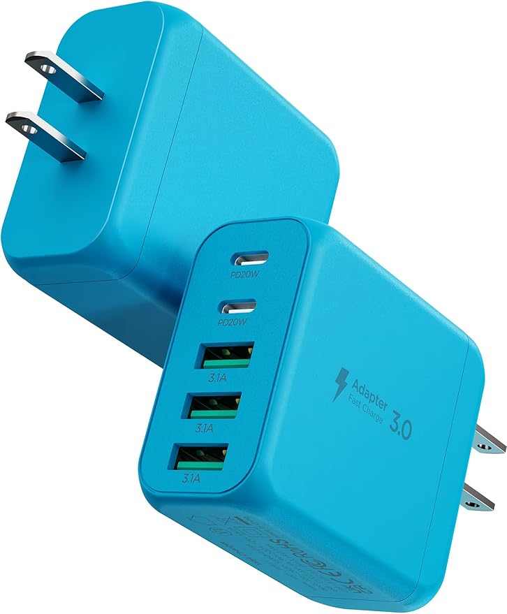 EIZLXQ USB C Charger Block, [2-Pack] Type C Charger Fast Charging,50W 5-Port USB Wall Charger Multiport Type C Charging Block Cube for iPhone 17/16/15/14/13/12/11 Pro Max XS,iPad,Samsung&More-Blue
