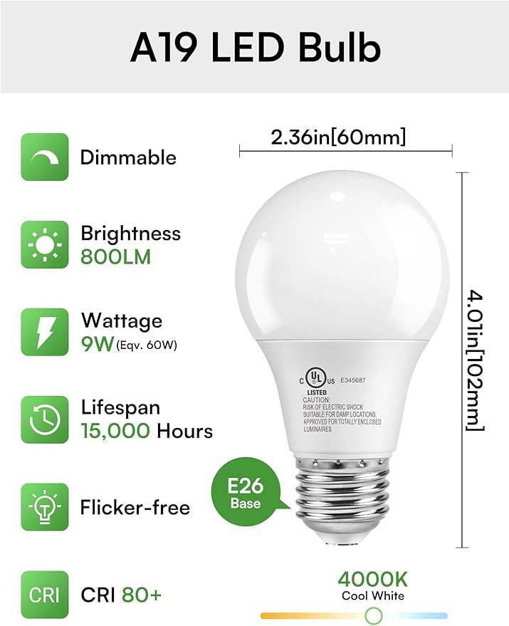 TJOY A19 Dimmable LED Light Bulbs, E26 Led Bulbs 60 Watt Equivalent, Neutral Cool White 4000K, 800 Lumens Standard Base, Energy Saving Lightbulbs, Efficient 9W, 120V, 15,000 Hour Lifetime, 6 Pack