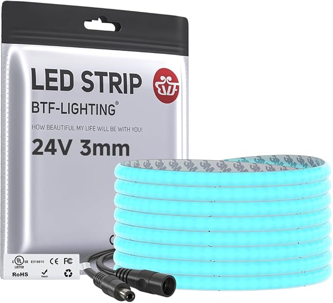 BTF-LIGHTING FCOB COB 3mm Width UL Listed Super Narrow Flexible Uniform LED Strip Light Ice Blue 16.4FT DC24V CRI 90+ Dimmable LED Ribbon for Kitchen Home Indoor Decor(No Adapter or Controller)