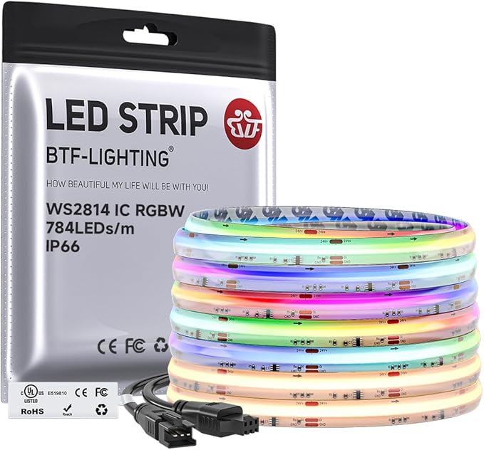BTF-LIGHTING FCOB COB LED Strip Light IP66, WS2814 Smart IC RGBW 3000K Color Chasing Light, UL Listed DC24V 24FT 784LEDs/m High Density 10mm Width for Home Party DIY Decor(No Adapter or Controller)
