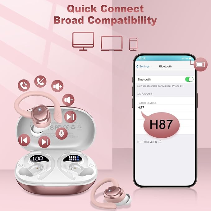 Hupoaf Wireless Earbuds Sport, New Bluetooth 5.4 Headphones with Earhooks, 50H Stereo Deep Bass Over Ear Buds with 4 ENC Noise Canceling Mics, IP7 Waterproof Earphones for Running Workout Gym -Rose