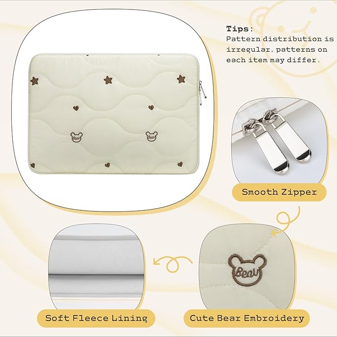 13 14 Inch Laptop Sleeve Case, Water-Repellent Cover with Bear Head Embroidery, Shockproof Padded Bag Compatible with MacBook Air & Pro 13/14 Inch, Beige