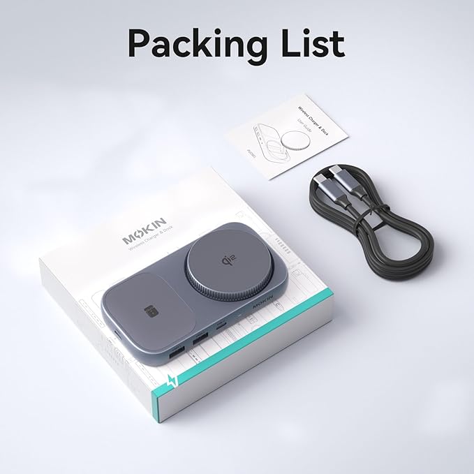 MOKiN USB C Hub with 15W Qi2 Wireless Charger, Laptop Docking Station to 4K HDMI, 100W PD, 10Gbps Ports, 15W+5W Wireless Charging Stand for iPhone 16/15/14/13 & Airpods, USBC Dock for MacBook/Windows