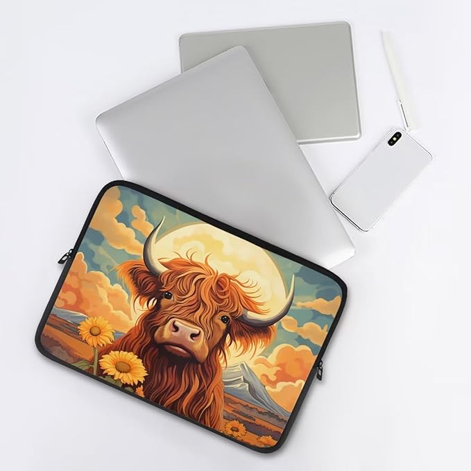 Highland Cattle Computer Sleeve for Women Men Laptop Sleeve 17 inch Neoprene Laptop Covers with Padded Compartment Lap Top Case Sunflower Computer Carrying Bag Brown