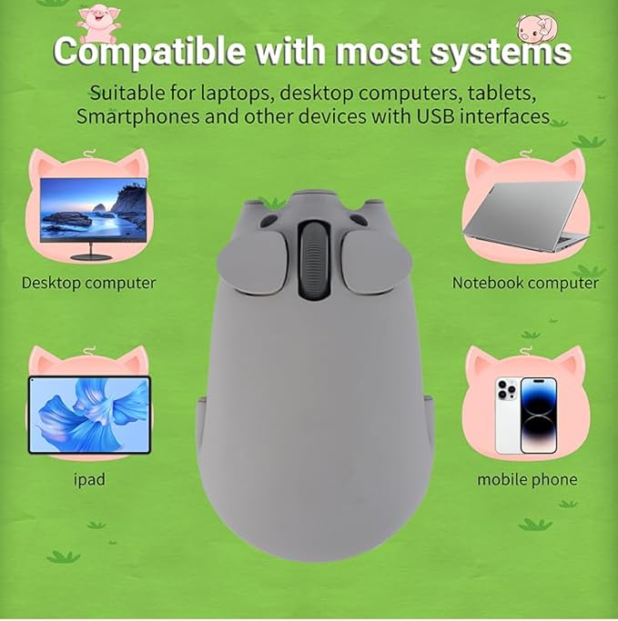 elec Space Cute Pig Design Wireless Mouse Dual Mode Bluetooth & USB Mouse, Silent Operation, Ergonomic, Perfect for Laptops & PCs, Ideal Gift for Animal Lovers and Family(Gray)