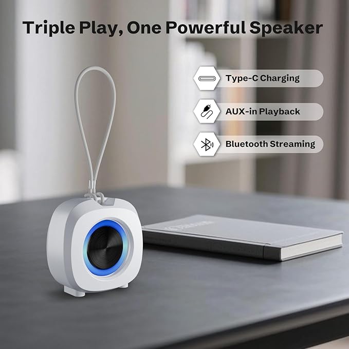PEICHENG Speaker, Small Portable Bluetooth Wireless IPX5 Waterproof Shower Speaker,Loud Stereo Sound Deep Bass,Dual Pairing, RGB Lights,Long Playtime for Outdoor Party, Great Gift,1PC (White)