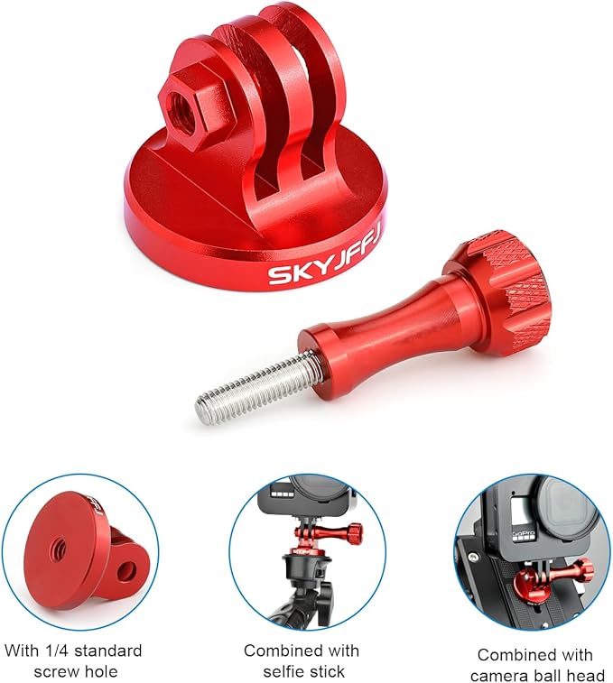 Aluminum-Tripod Adapter Attachment- Bolt -Adapter for Monopod Mount with Aluminum CNC Thumbscrew Compatible Gopro Hero 13 12 11 10 9 8 DJI Osmo Insta360 AKASO and Other Action Camera（RED）