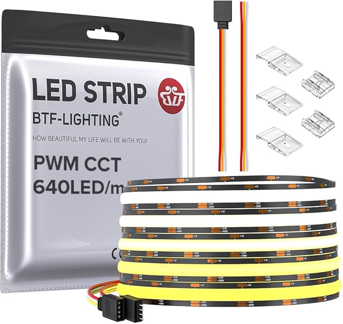 BTF-LIGHTING FCOB CCT COB LED Strip Tunable 2700K-6500K DC24V 16.4FT 640LED/m CRI 90+ Flexible High Density Dimmable LED Light Black PCB for Bedroom Indoor Decor(No Adapter or Controller)
