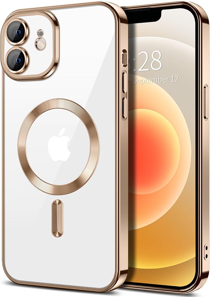 Hython Magnetic Clear for iPhone 12 Case with Camera Lens Protector [Compatible with MagSafe] Luxury Plating Edge Slim Soft TPU Cover Protective Phone Case for iPhone 12 6.1", Desert Brown
