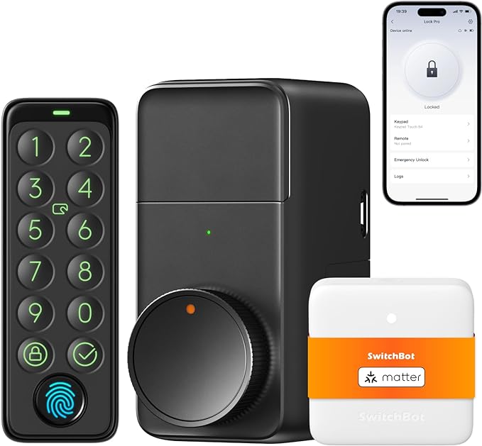 SwitchBot Smart Lock Pro Bundle: Lock+Keypad Touch+Hub Mini Matter, Fingerprint Deadbolt Retrofit, IP65, Matter HomeKit Siri iPhone/Apple Watch, Alexa/Google