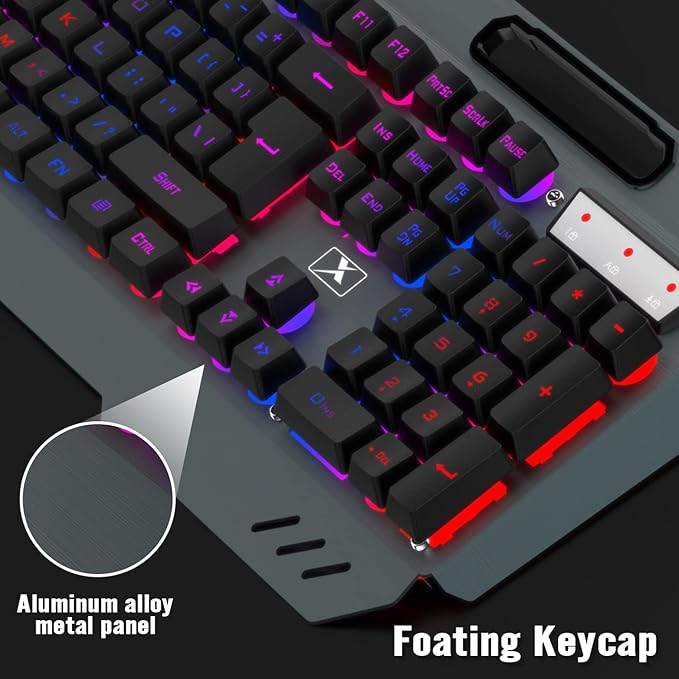 Wireless Gaming Keyboard and Mouse Combo,Rainbow LED Backlit Keyboard with Rechargeable 3800mAh Battery Metal Panel,Removable Wrist Rest Mechanical Feel and 7 Color Mute Gaming Mice for PC PS4 PS5