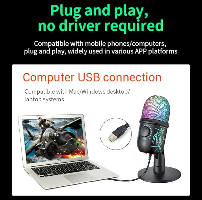 USB Gaming Microphone, RGB Condenser Mic for PC, Mac, PS4/PS5, Podcast Recording