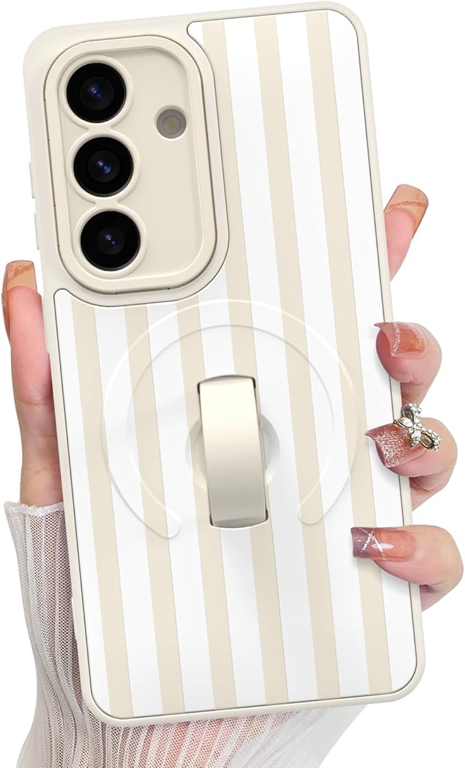 KANGHAR Compatible with Samsung Galaxy S26 Case, Support for MagSafe, Silicone Stripes Cute Pattern, Wristband Kickstand Camera Protection Soft Slim Cover for Girls Women -White