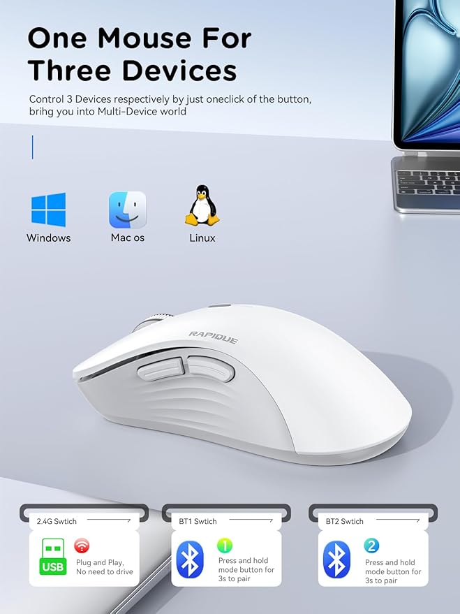 RAPIQUE Wireless Mouse - Dual Bluetooth & 2.4 GHz USB Receiver, Ergonomic Design, Quiet Clicks, Low Power - Multi-Device Compatibility for Laptop, Computer, iPad, MacBook, Chromebook (White and Grey)