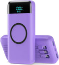 Wireless Portable Charger 40800mAh with 3 Built-in Cables,7-in-1 15W Wireless Charging Power Bank,25W PD QC 4.0 Fast Charging USB C LCD Display Battery Pack for iPhone 16/15/13,Samsung,Android-Purple
