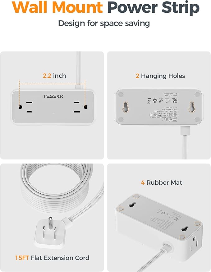TESSAN Flat Plug Extension Cord 15 FT, Surge Protector Power Strip with 4 AC Outlets 1 USB C and 2 USB A Ports, 900 Joules Protection, Multiple Wall Outlet Extender Suitable for Office Dorm, Grey