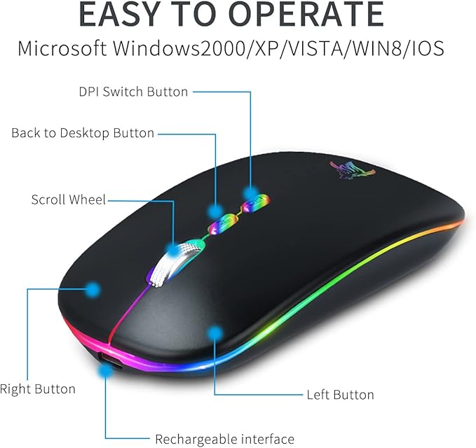 HOTLIFE LED Wireless Mouse, Slim Rechargeable Silent Portable USB Optical 2.4G Wireless Bluetooth Two Mode Computer Mice with USB Receiver and Type C Adapter (Black)