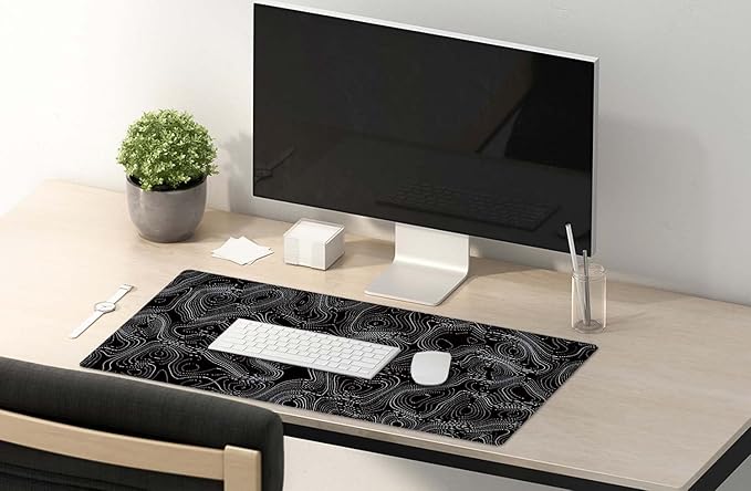 SSOIU Black Topographic Extended Gaming Mouse Pad XXL ArtSo Large Keyboard Mat Long Mousepad Desk Decor Writing Pad Non Slip Rubber Base Stitched Edges for Work, Game, Office, Home, 35.5" x 15.7"