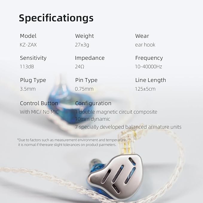 KZ Zax in Ear Headphones 7BA+1DD Hybrid 16 Drivers HiFi Noise Isolation Wired Earbuds, Zin Alloy Shell Metal Earphone in Ear Monitor with 3.5mm Jack Detachable 2Pin Cable (with mic, Silver)