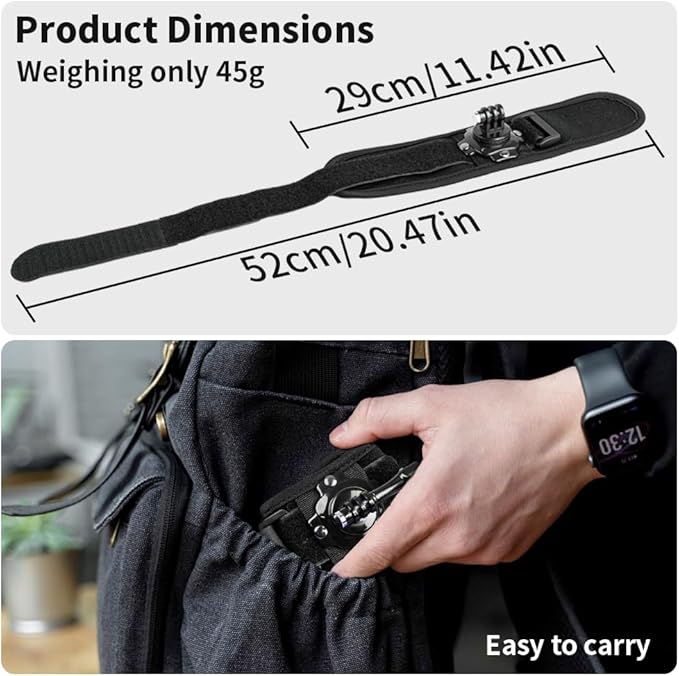 Wrist Strap Mount, 360° Rotating Arm Mount Strap Compatible with GoPro Hero 13/12/11/10/9/8/7//6/5 Black,DJI Action 6/5 pro/4/3,Insta 360 ONE R,AKASO/Campark and More Action Cameras