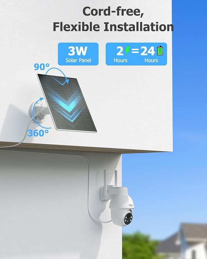 VIZIUUY 5MP Solar Security Camera Outdoor, Wireless Battery Powered Security Camera with 360°View, Pan and Tilt, Color Night Vision with Floodlight,PIR Human Detection,Compatible with Alexa