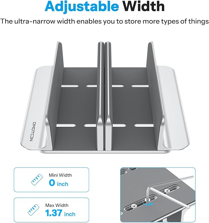 OMOTON Vertical Laptop Stand [Updated 3-Slots Version], Desktop Aluminum Mac Book Stand with Adjustable Dock Size, Fits All Mac Book, Chrome Book and Gaming Laptops (Up to 17.3 inch), Bright Silver
