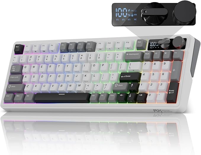 RK ROYAL KLUDGE M100 Wireless Mechanical Keyboard w/Screen & Dual Knobs, Tri-Mode Gasket Mount Gaming Keyboard with Number Pad, Hot Swappable Cream Switch, White