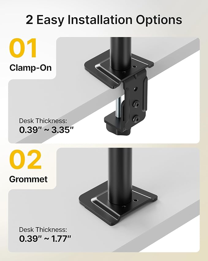 monTEK Stable Vertical Dual Monitor Mount, Stacked Desk Stand for Two 17-32 inch Screens, Full Motion Arm with Tilt, Swivel, Rotation, Supports 22 lbs per Side, C-Clamp/Grommet Base, VESA 100×100mm