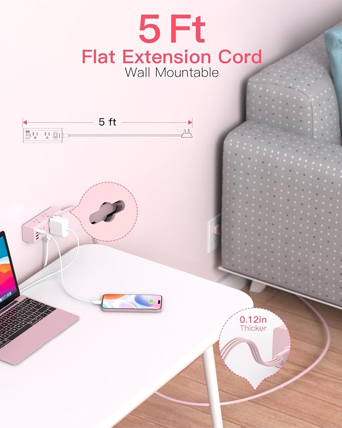 5Ft Extension Cord with Multiple Outlets, Flat Plug Power Strip Surge Protector with 5 Ft Long Cord, 6 Outlet 4 USB Ports (2 USB C), Multi Outlet Wall Plug for College, Dorm Room Essentials(Pink)