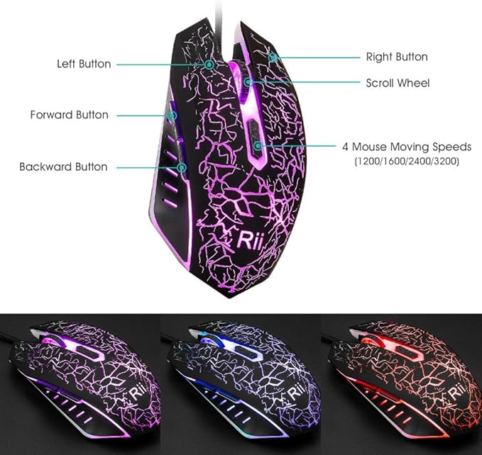 Rii Keyboard and Mouse Set, Rainbow LED Backlit Multimedia PC Keyboard, Colorful Breathing Backlit Gaming Mouse for Work or Play