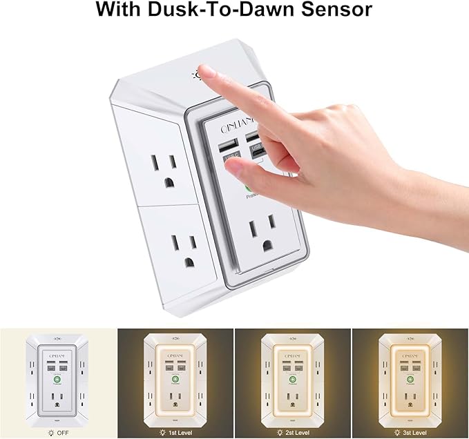 3-Sided Outlet Extender with Night Light - QINLIANF Multi Plug Outlet with 5 Outlets and 4 USB Ports(2 USB-C), USB Wall Charger for Home, Office, Travel, ETL Listed, White