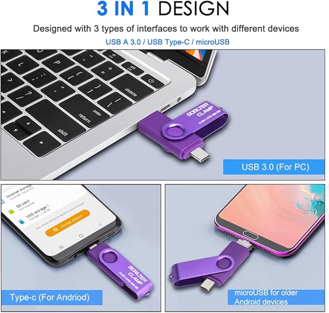 128GB 3 in 1 USB 3.0 Flash Drive Photo Stick for Android Phones, BorlterClamp OTG Memory Stick with 3 USB Ports (USB C, microUSB, USB A) for Samsung Galaxy, LG, Tablets, PC and More, Purple