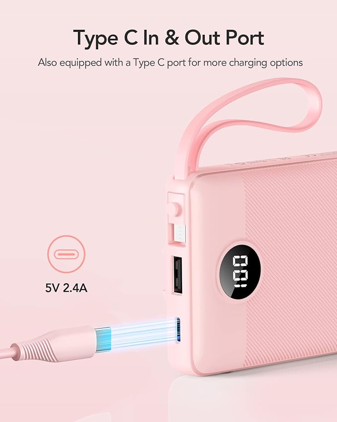 VRURC Portable Charger Power Bank, 10000mAh Travel Essentials Battery Pack, Compact USB C Charging Bank Built-in Cables Cords Compatible with iPhone 17 Pro 17 16 15 14 13,Samsung-Pink(1 Pack)