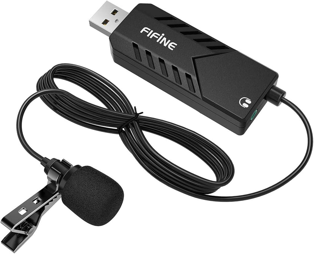 Fifine USB Lavalier Lapel Microphone, Clip-on Cardioid Condenser Computer Mic Plug and Play USB Microphone with Sound Card for PC and Mac-K053