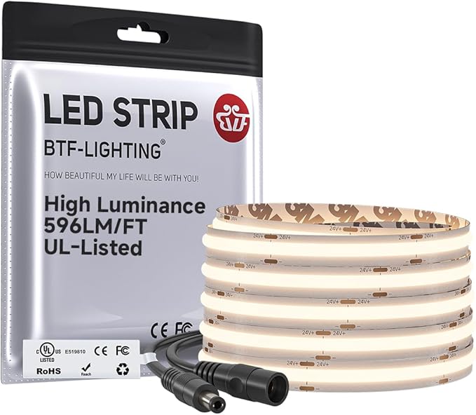 BTF-LIGHTING FCOB COB LED Strip 3000K 596+LM/FT Super Bright UL Listed DC24V 16.4FT 480LED/m 10mm Width Flexible High Density CRI 90+ Dimmable LED Light for Home Indoor Decor(No Controller or Adapter)