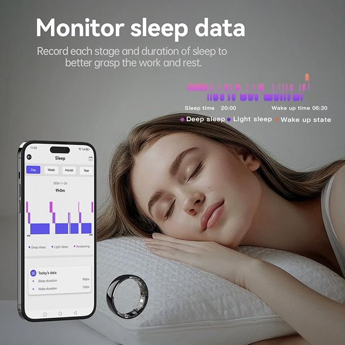 Ceramics Smart Ring, Health Fitness Tracker for Women Men with Heart Rate Monitor, Sleep Tracking, BP SpO2, Activity Tracker, Friend Care Scratch Resistant Free App Subscription (Black, 8#)