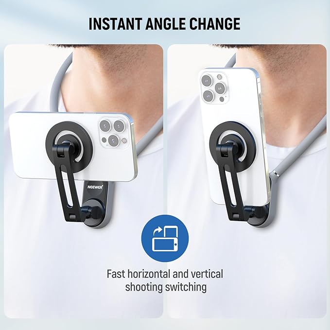 Neewer Magnetic Neck Holder for Action Camera Phone Hands Free Neck Tripod Chest Mount Compatible with GoPro DJI Insta360 iPhone15 Android Neck Phone Holder for POV Vlog, Gray, GP16