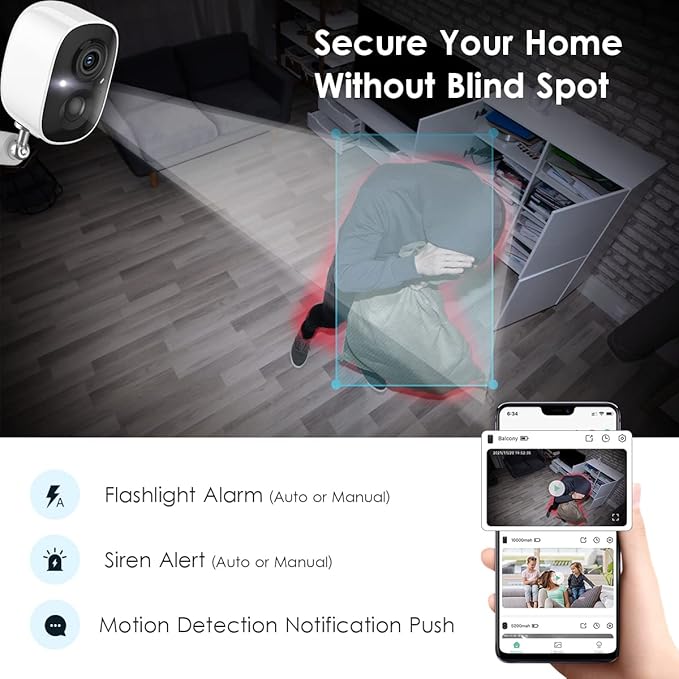 GMK Security Camera Wireless Outdoor, 2K Color Night Vision AI Motion Detection 2-Way Talk Battery Powered WiFi Home Indoor Camera IP65 Weatherproof Webcams Spotlight Siren Alarm Cloud/SD Storage