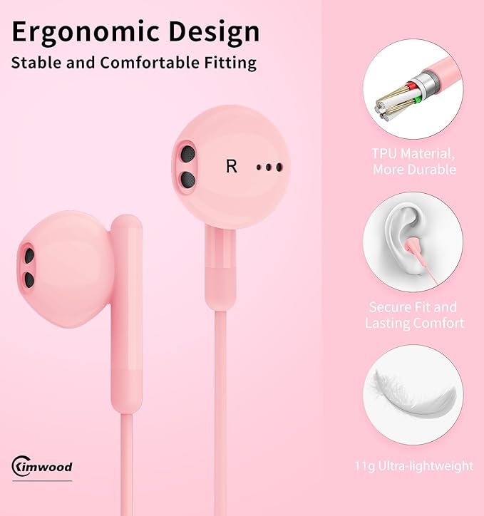 Kimwood Wired Earbuds with Microphone, Wired Earphones in-Ear Headphones HiFi Stereo, Powerful Bass and Crystal Clear Audio, Compatible with iPhone, Android, Computer Most with 3.5mm Jack
