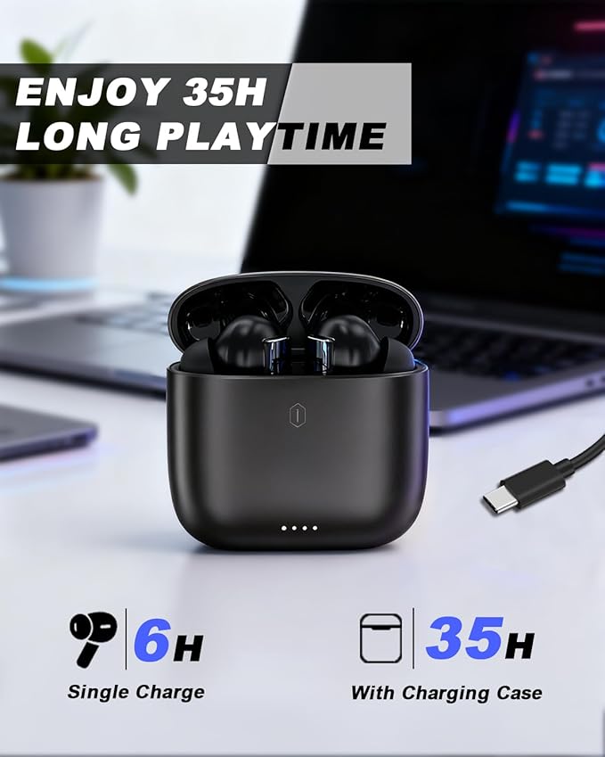 Wireless Earbuds,6.0 Bluetooth Headphones with 4 Mics Noise Cancelling,35H Playtime for Sports Work,AI Clear Calls,Zinc Alloy Fast Charging Case,Comfort Fit,Waterproof Ear Buds for iPhone Android iPad