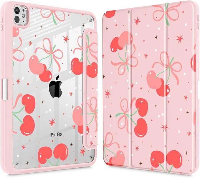 May Chen for iPad Pro 13 Inch Case M5 2025 / M4 2024, Built Pencil Holder & Clear Transparent Print Back Shell Slim Stand Shockproof Tablet Cover, Auto Wake/Sleep, Coquette Cherry