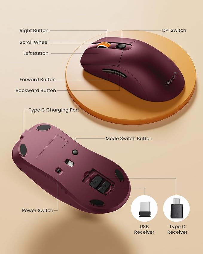 ProtoArc Bluetooth Wireless Mouse, USB C Mouse, EM15 Rechargeable Compact Portable Type C Wireless Mice for Laptop, Tablet, PC, Windows, Mac OS-Wine Red