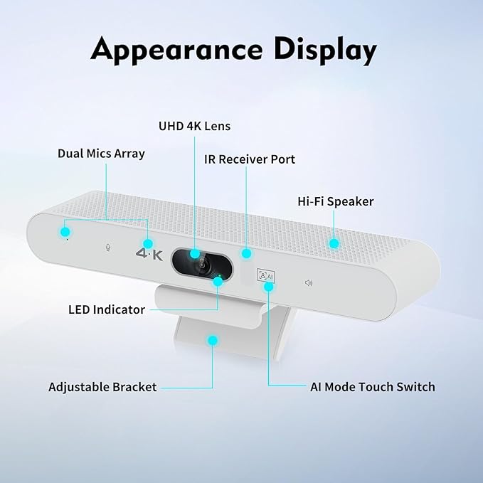 TOALLIN 3-in-1 4K Conference Webcam with Mic and Speaker, AI Auto-Framing & Speaker-Tracking, USB Video Bar, All-in-One Video Conference Camera for Online Meetings, Video Calls