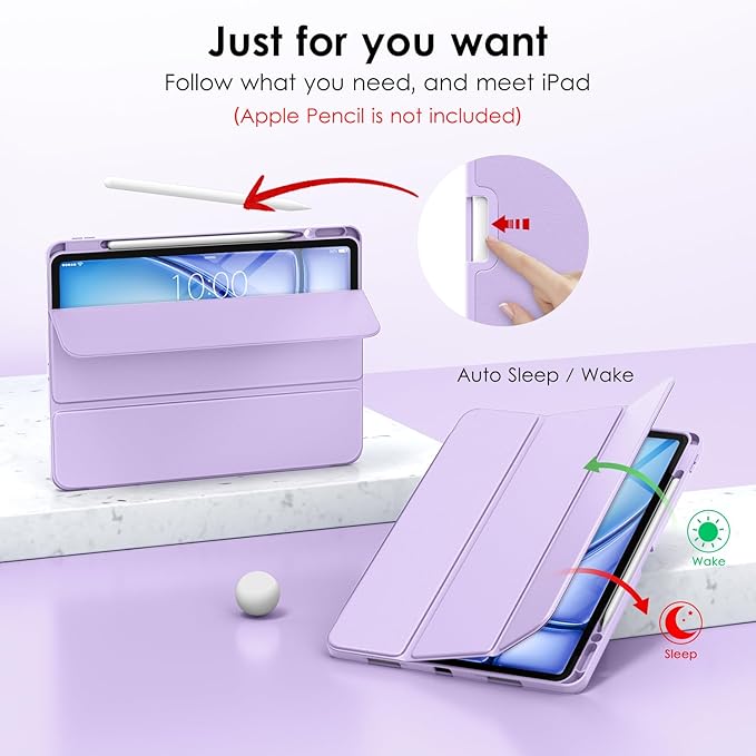 DTTO for iPad Air 13 Inch Case M4/M3/M2 2026/2025/2024, iPad Pro 12.9 Inch Case (6th/5th/4th/3rd Gen), Smart Slim Trifold Stand Soft Cover with Pencil Holder, Taro Purple