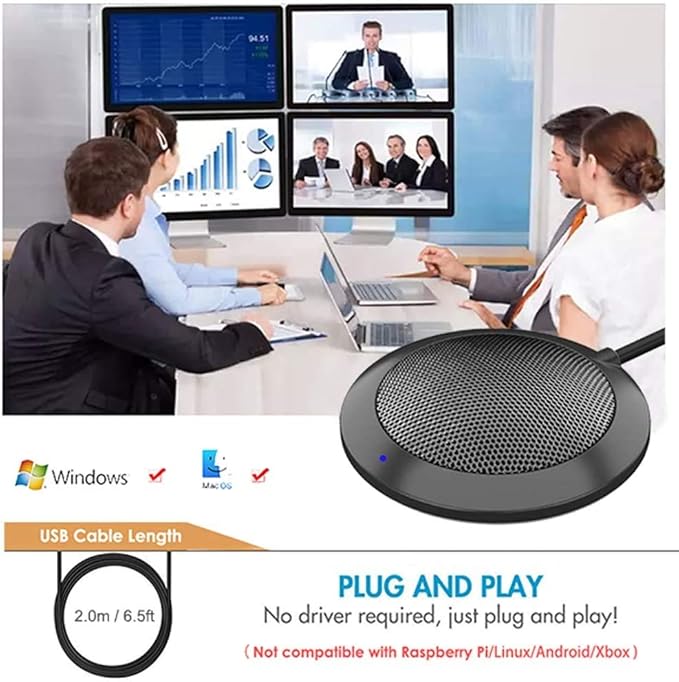 Conference USB Microphone, Computer Desktop Mic with LED Indicator, Plug & Play Omnidirectional Condenser PC Laptop Mics for Online Meeting, Class, Skype, Recording, Zoom, (No Speakers Included)